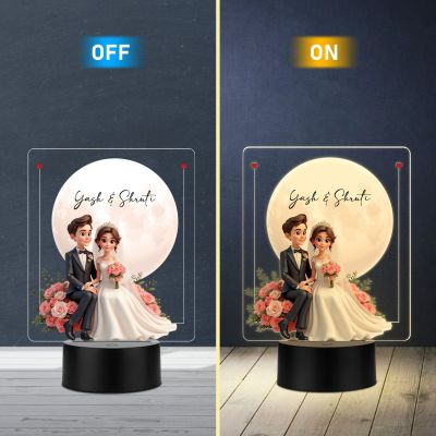 Personalized Wedding Couple LED Night Light with Moon and Roses, Warm White Acrylic Lamp with Black Base Wedding Gift for Friends Customized Gifts for Couple